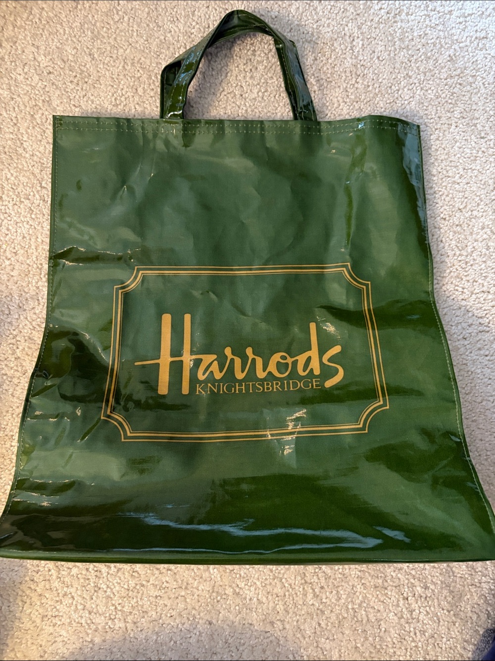 Harrods Knightsbridge Green and Gold Logo Shopper Tote Bag -Coated & PVC - NWOT